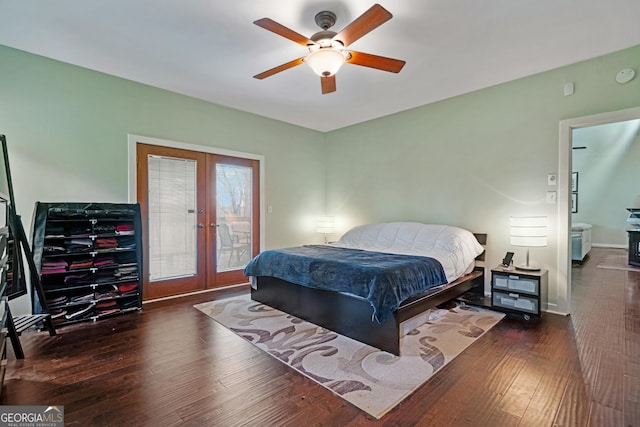 bedroom featuring access to exterior, french doors, a ceiling fan, and wood-type flooring