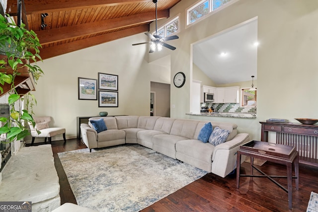 living room with dark wood-style flooring, high vaulted ceiling, beamed ceiling, a ceiling fan, and wooden ceiling