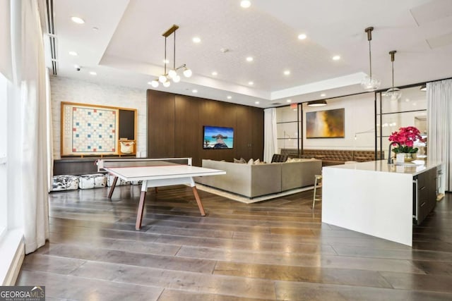 rec room featuring dark wood-style floors, a sink, and a raised ceiling