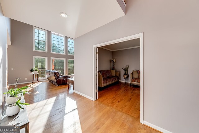 5045 Southern Trace Dr, Gainesville, GA 30504 - hallway with a high ceiling, baseboards, light wood-type flooring, and recessed lighting