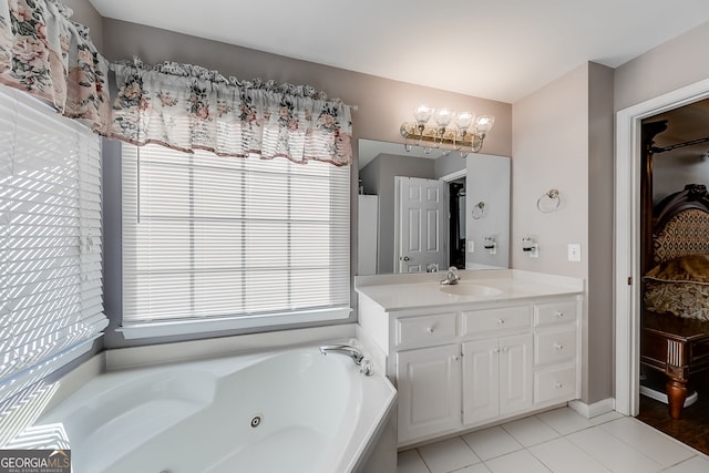 5045 Southern Trace Dr, Gainesville, GA 30504 - bathroom with vanity, a whirlpool tub, tile patterned floors, and a chandelier