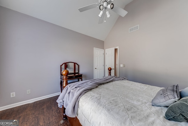 5045 Southern Trace Dr, Gainesville, GA 30504 - bedroom with high vaulted ceiling, wood finished floors, baseboards, and ceiling fan