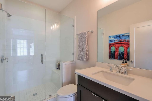 full bathroom with vanity, toilet, and a shower stall