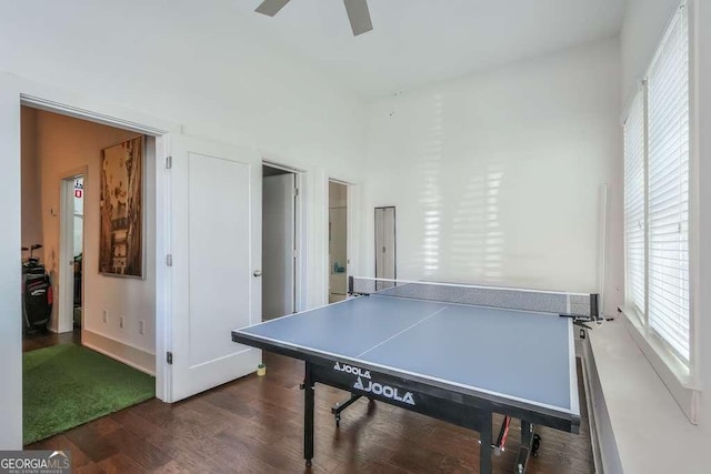 game room with ceiling fan and wood finished floors