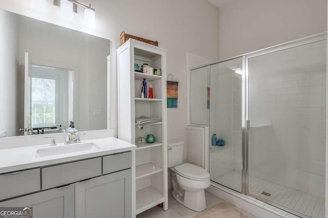 bathroom with a shower stall, tile patterned floors, toilet, and vanity