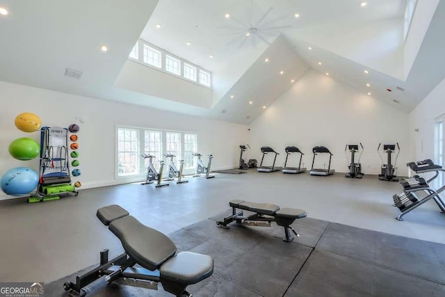 exercise room featuring high vaulted ceiling, a healthy amount of sunlight, and recessed lighting