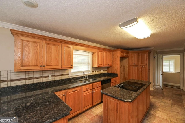 1100 Atlantic Ave, Waycross, GA 31501 - kitchen with black electric stovetop, ornamental molding, a kitchen island, plenty of natural light, and dark stone counters
