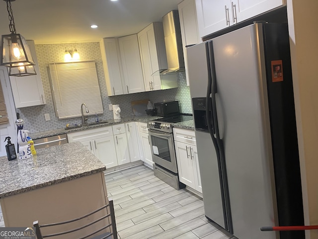4329 Cedar Valley Ln, Conley, GA 30288 - kitchen featuring refrigerator with ice dispenser, stainless steel range with electric stovetop, wall chimney exhaust hood, decorative backsplash, and recessed lighting
