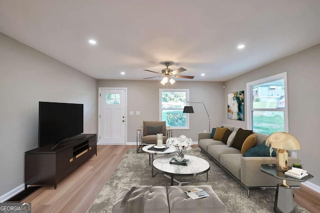 3650 Clovis Ct NW, Atlanta, GA 30331 - living area featuring baseboards, recessed lighting, light wood-style floors, and a ceiling fan