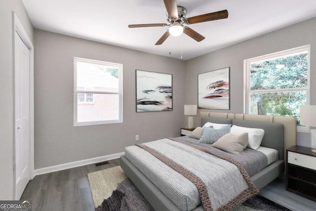 bedroom featuring visible vents, baseboards, multiple windows, and dark wood finished floors