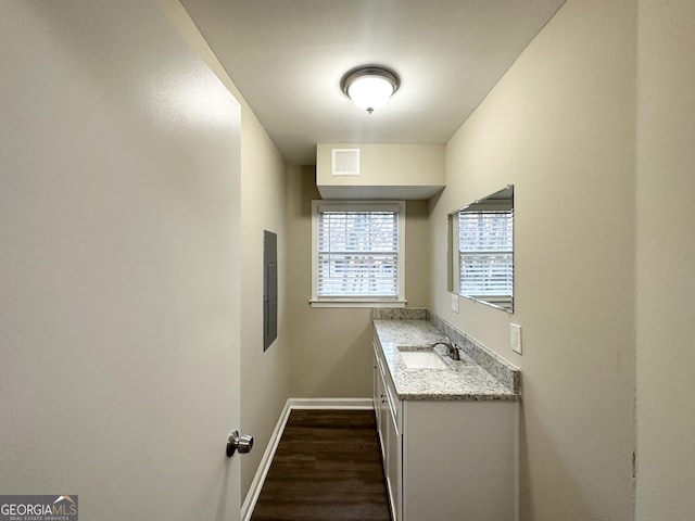518 Hammett Dr, Decatur, GA 30032 - bathroom with baseboards, wood finished floors, electric panel, and vanity