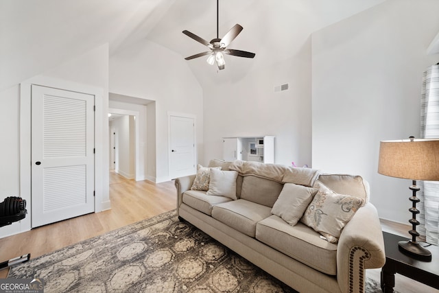 2442 Lower Union Hill Rd, Canton, GA 30115 - living room featuring wood finished floors, ceiling fan, and high vaulted ceiling