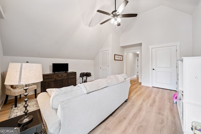 2442 Lower Union Hill Rd, Canton, GA 30115 - living area with a ceiling fan, light wood-type flooring, and high vaulted ceiling