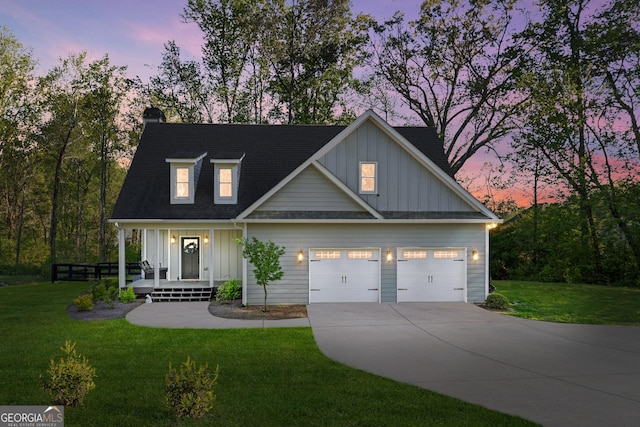 2442 Lower Union Hill Rd, Canton, GA 30115 - view of front facade with board and batten siding, driveway, covered porch, a chimney, and a front yard