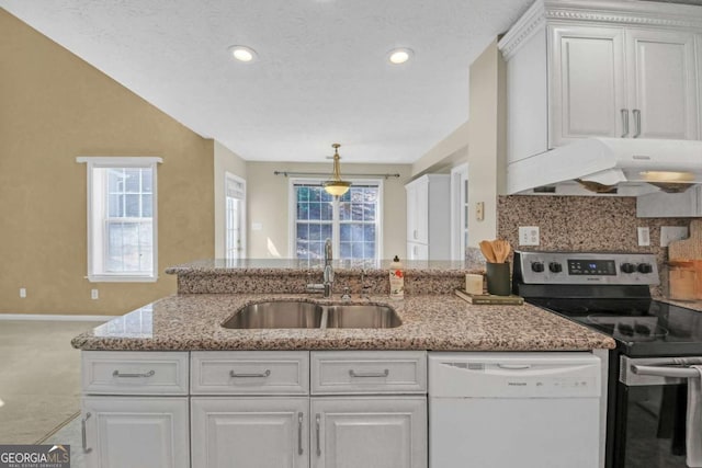 2983 Bancroft Gln NW, Kennesaw, GA 30144 - kitchen with under cabinet range hood, stainless steel electric range oven, dishwasher, white cabinets, and light stone counters