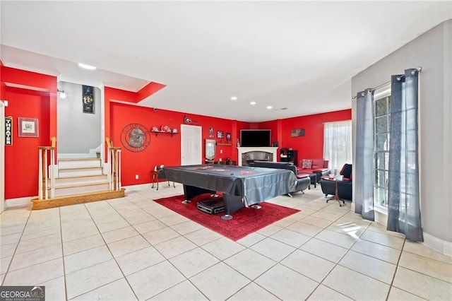 game room with tile patterned flooring, a fireplace, baseboards, and recessed lighting