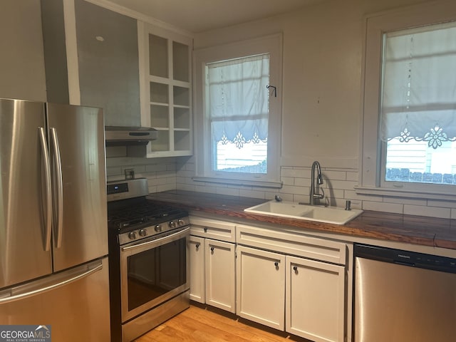 kitchen featuring a wealth of natural light, a sink, stainless steel appliances, and tasteful backsplash