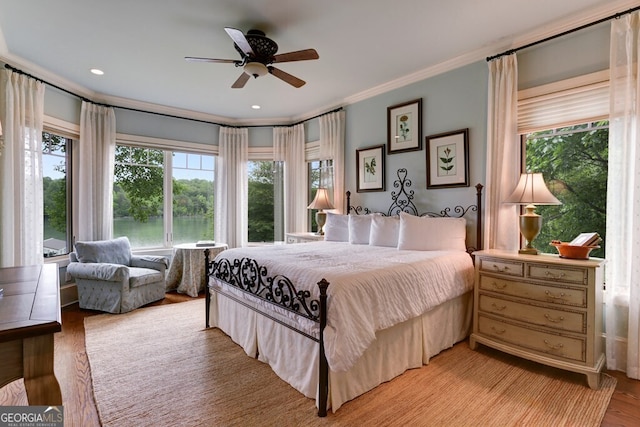 2373 Herman Drake Rd, Young Harris, GA 30582 - bedroom with recessed lighting, light wood-style floors, ceiling fan, and ornamental molding