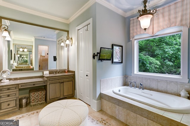2373 Herman Drake Rd, Young Harris, GA 30582 - full bath featuring crown molding, vanity, a bath, and tile patterned flooring