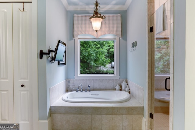 2373 Herman Drake Rd, Young Harris, GA 30582 - bathroom featuring a stall shower, ornamental molding, and a garden tub