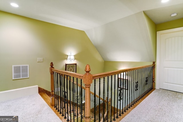 2373 Herman Drake Rd, Young Harris, GA 30582 - hallway featuring an upstairs landing, lofted ceiling, baseboards, visible vents, and recessed lighting