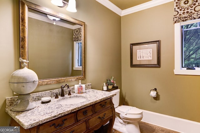 2373 Herman Drake Rd, Young Harris, GA 30582 - half bathroom featuring crown molding, baseboards, toilet, wood finished floors, and vanity