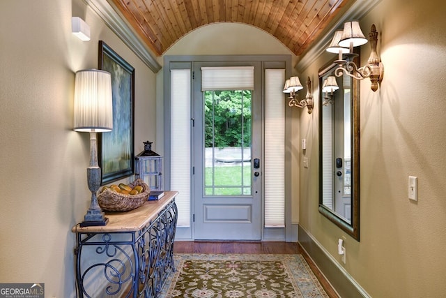 2373 Herman Drake Rd, Young Harris, GA 30582 - doorway featuring dark wood-style floors, lofted ceiling, and baseboards