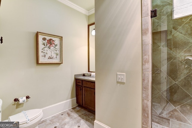 2373 Herman Drake Rd, Young Harris, GA 30582 - bathroom with a tile shower, crown molding, toilet, vanity, and baseboards