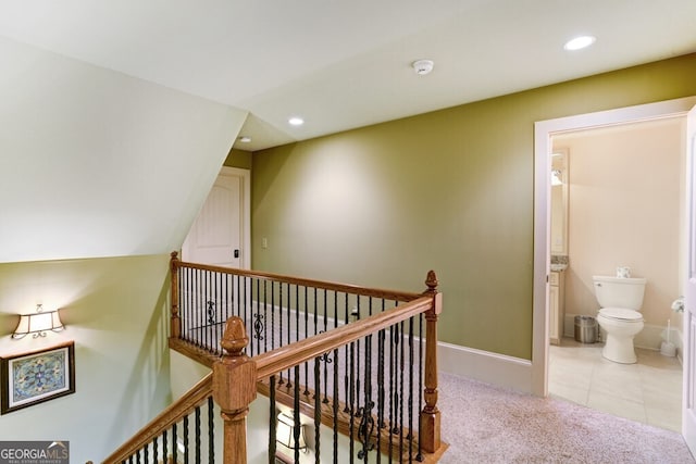 2373 Herman Drake Rd, Young Harris, GA 30582 - hall featuring baseboards, carpet flooring, an upstairs landing, and recessed lighting