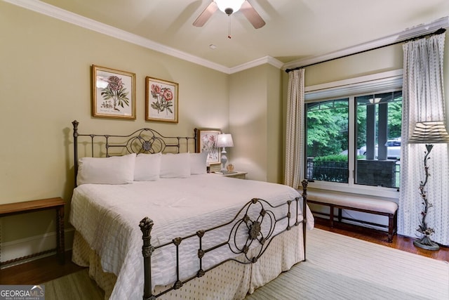 2373 Herman Drake Rd, Young Harris, GA 30582 - bedroom featuring a ceiling fan, crown molding, baseboards, and wood finished floors