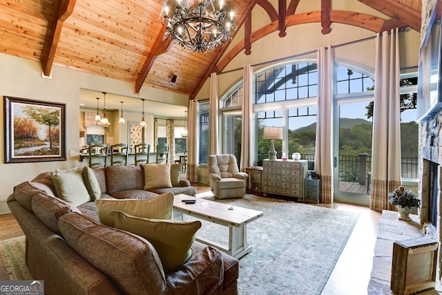 2373 Herman Drake Rd, Young Harris, GA 30582 - living room featuring high vaulted ceiling, wood ceiling, a chandelier, a fireplace, and beamed ceiling