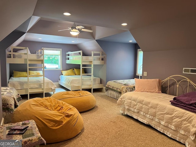 2373 Herman Drake Rd, Young Harris, GA 30582 - carpeted bedroom with lofted ceiling, ceiling fan, and recessed lighting