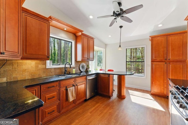 kitchen featuring light wood-type flooring, backsplash, a sink, and stainless steel appliances