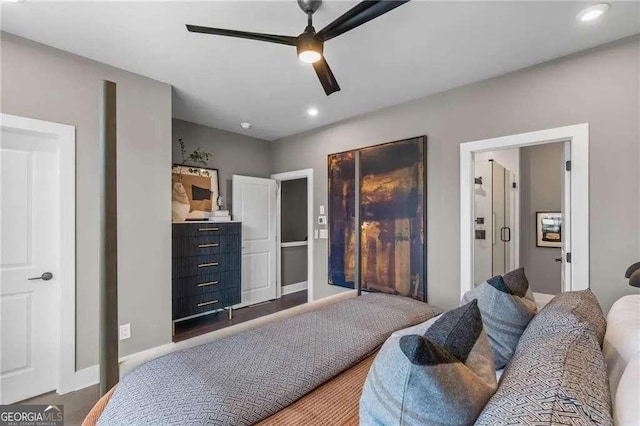 bedroom with recessed lighting, baseboards, and a ceiling fan