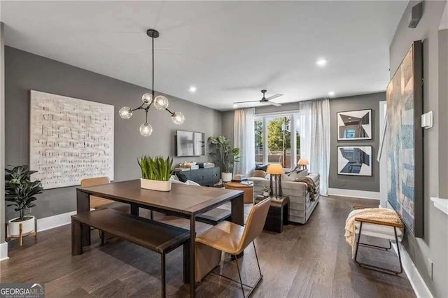 dining area with recessed lighting, ceiling fan, baseboards, and wood finished floors