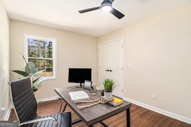 9640 Cedar Grove Rd, Fairburn, GA 30213 - office featuring baseboards, ceiling fan, and wood finished floors