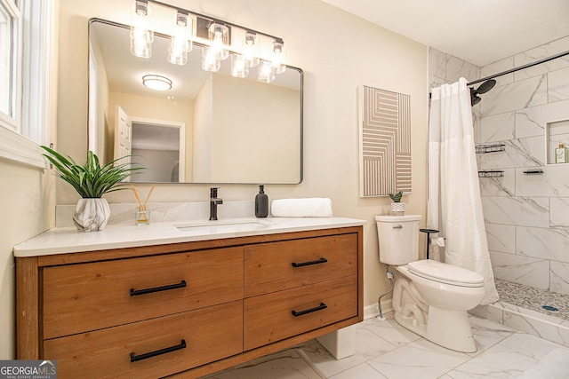 9640 Cedar Grove Rd, Fairburn, GA 30213 - bathroom featuring marble finish floors, toilet, tiled shower, and vanity