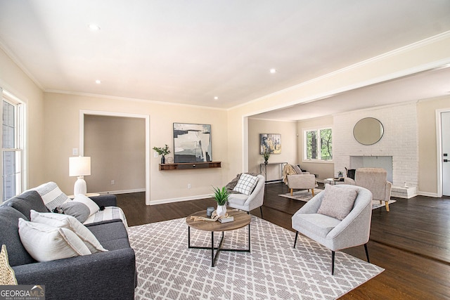 9640 Cedar Grove Rd, Fairburn, GA 30213 - living area with dark wood-type flooring, ornamental molding, baseboards, recessed lighting, and a fireplace