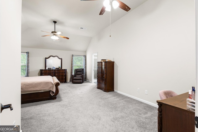6018 Cloverfield Way, Braselton, GA 30517 - bedroom featuring carpet, baseboards, ceiling fan, and high vaulted ceiling