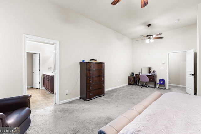 6018 Cloverfield Way, Braselton, GA 30517 - bedroom featuring a desk, light colored carpet, high vaulted ceiling, baseboards, and ceiling fan