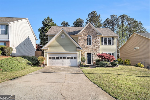 3707 Mcguire St NW, Kennesaw, GA 30144 - traditional-style house featuring stone siding, concrete driveway, a front yard, an attached garage, and a shingled roof