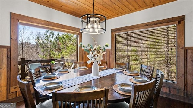 68 Shalom Vw, Blue Ridge, GA 30513 - dining room featuring wooden ceiling, wainscoting, a chandelier, and wood finished floors