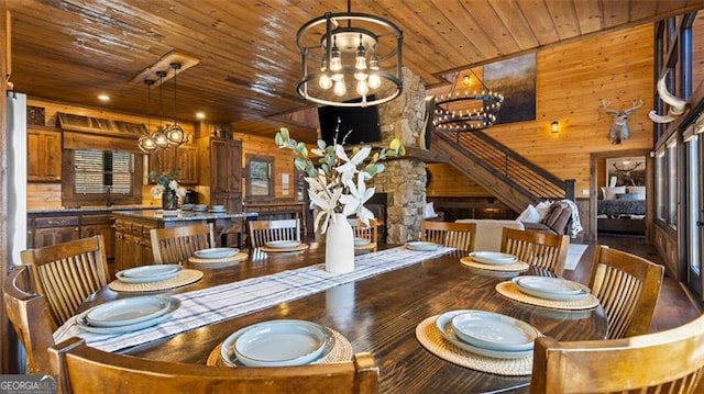 68 Shalom Vw, Blue Ridge, GA 30513 - dining area with wood ceiling, wood walls, and a chandelier