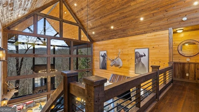 68 Shalom Vw, Blue Ridge, GA 30513 - interior space with hardwood / wood-style flooring, wood ceiling, wooden walls, high vaulted ceiling, and recessed lighting