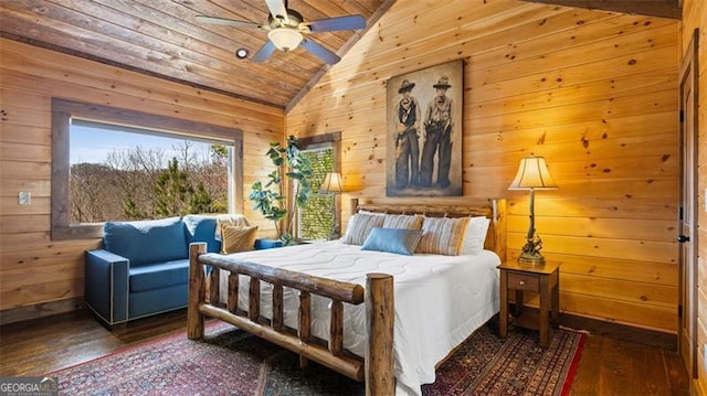 68 Shalom Vw, Blue Ridge, GA 30513 - bedroom with vaulted ceiling, wood ceiling, hardwood / wood-style floors, wooden walls, and ceiling fan
