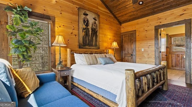 68 Shalom Vw, Blue Ridge, GA 30513 - bedroom featuring vaulted ceiling, wood ceiling, wooden walls, and ensuite bath