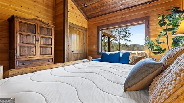 68 Shalom Vw, Blue Ridge, GA 30513 - bedroom featuring wood walls, lofted ceiling, and wooden ceiling