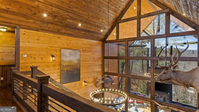 68 Shalom Vw, Blue Ridge, GA 30513 - interior space featuring wood ceiling, wood finished floors, wooden walls, high vaulted ceiling, and a chandelier