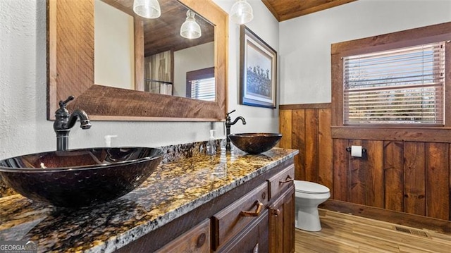 68 Shalom Vw, Blue Ridge, GA 30513 - bathroom with wood finished floors, double vanity, wooden walls, toilet, and wainscoting