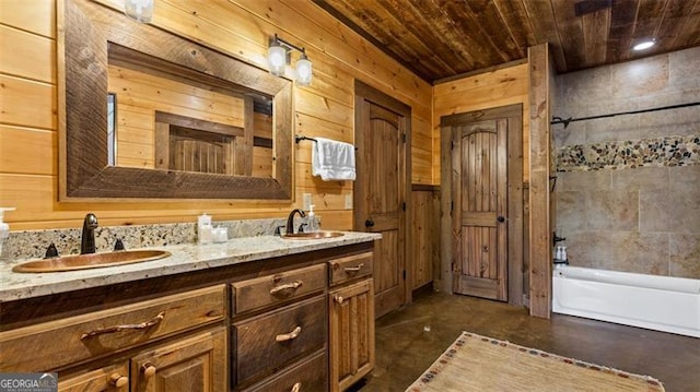 68 Shalom Vw, Blue Ridge, GA 30513 - full bathroom featuring wood ceiling, wooden walls, double vanity, concrete flooring, and washtub / shower combination